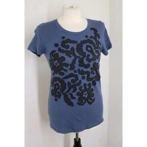 J Crew Factory S Blue T Shirt Black Baroque Swirl Applique Short Sleeve Tee Top